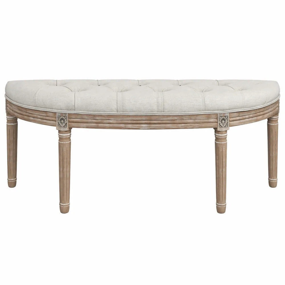 Banc Demi-Lune Capitonné en Bois Massif avec Tissu Lin