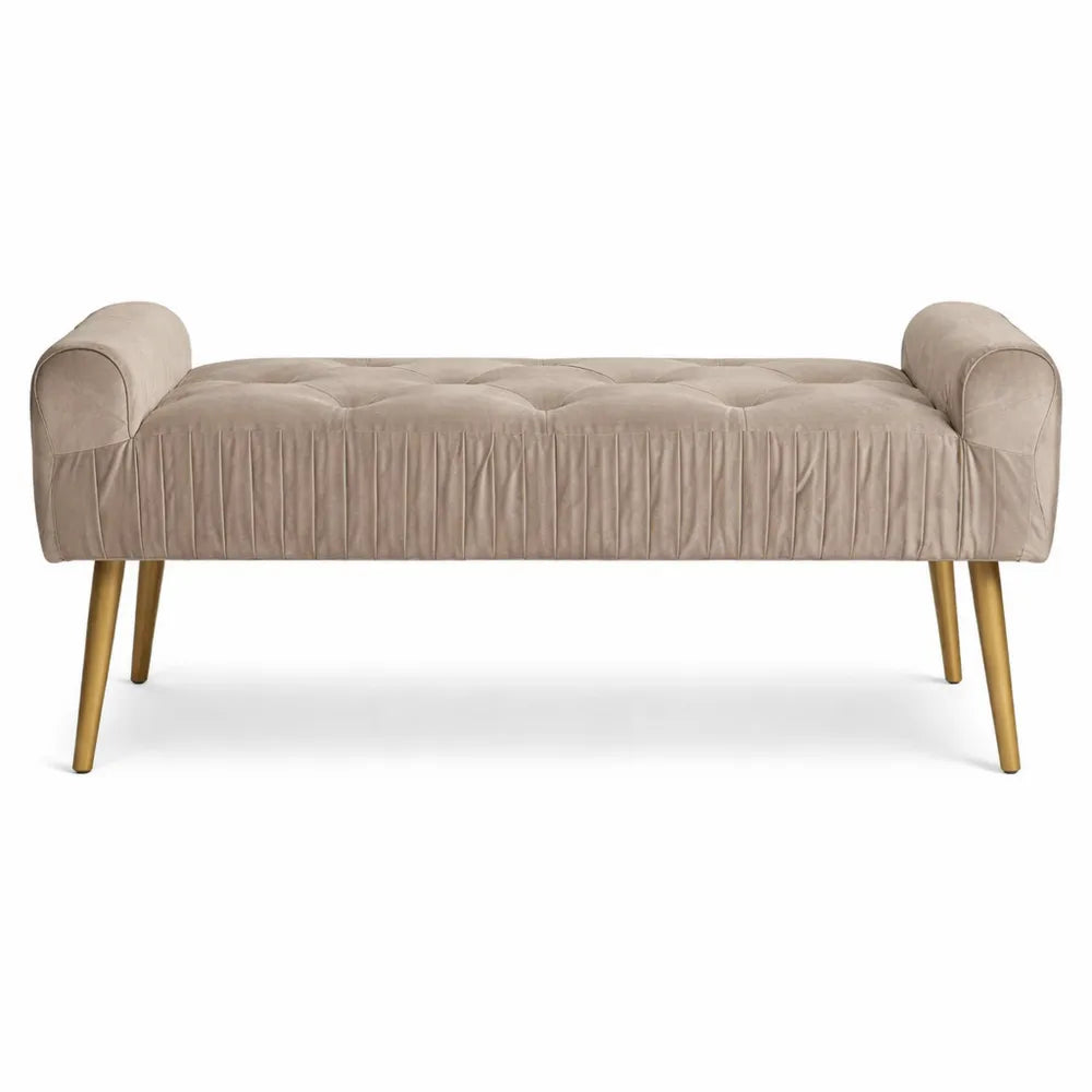 Banc en velours taupe avec pieds dorés