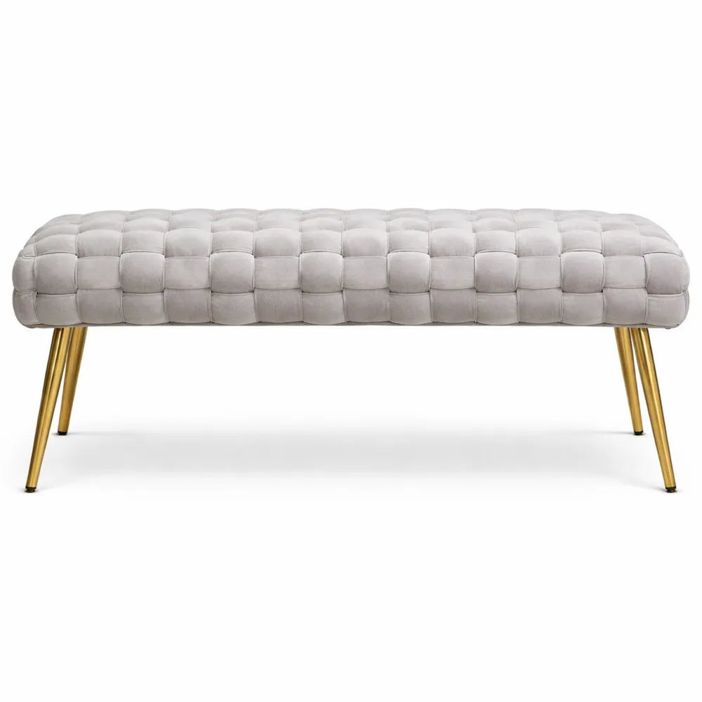 Banc d'entrée en velours avec pieds dorés pour chambre ou salon, gris
